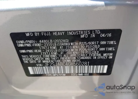 2016 Subaru Forester 2.5I из США, поврежденный, VIN JF2SJABC4GH560281